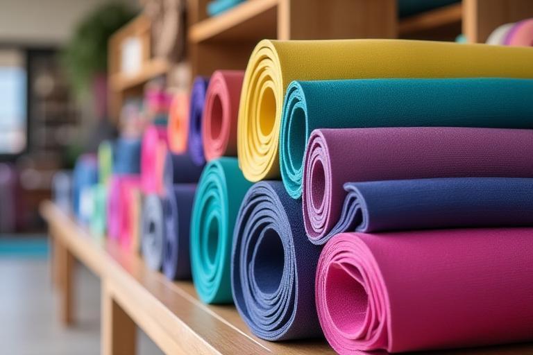 Stack of colorful yoga mats for sale in a studio